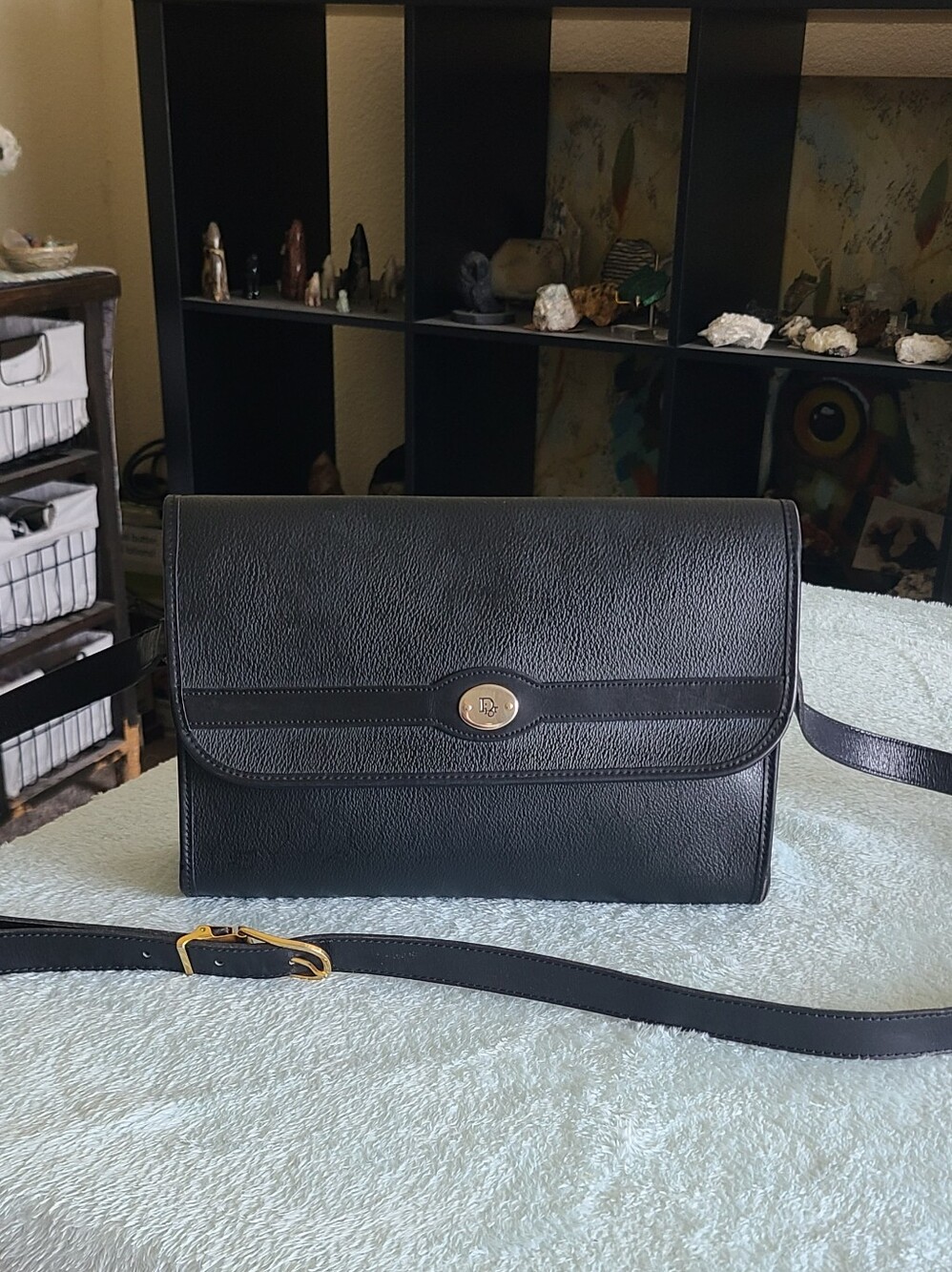 Vintage Dior Black Honeycomb Leather Crossbody Bag with Gold Hardware